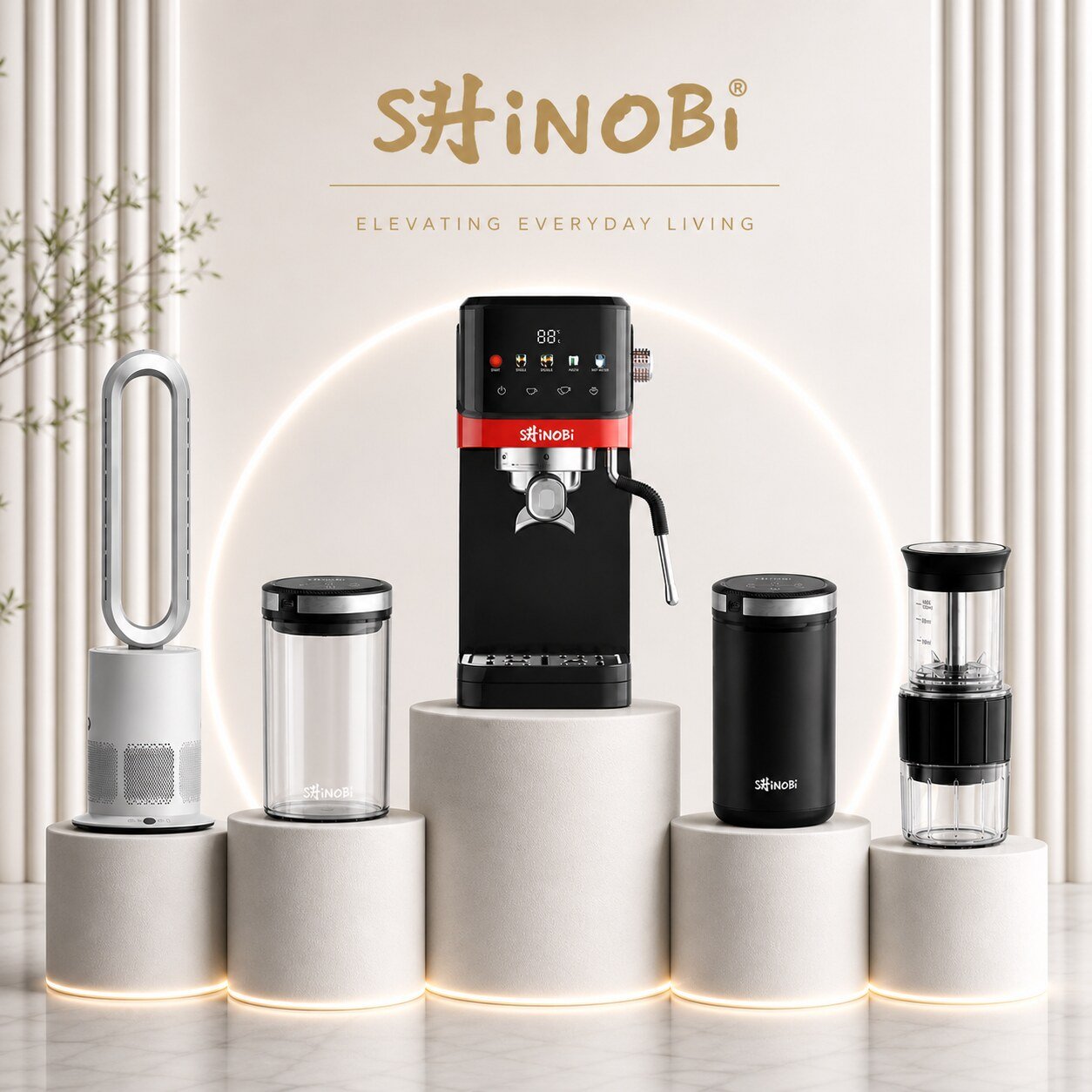 SHINOBI premium home appliance collection — espresso machine, bladeless fan, vacuum coffee jars and grinder